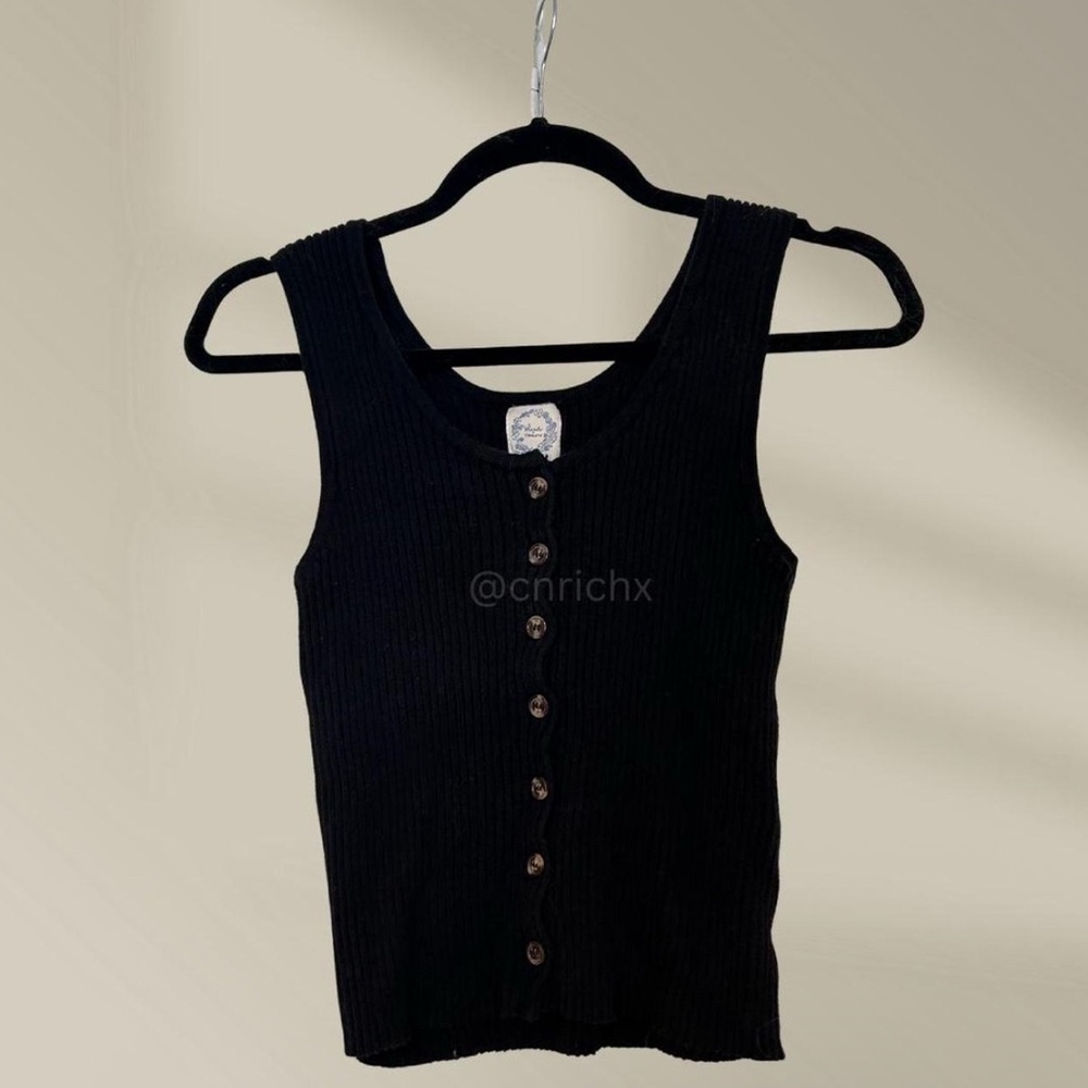Blue Rain Black Ribbed Tank Top with Buttons